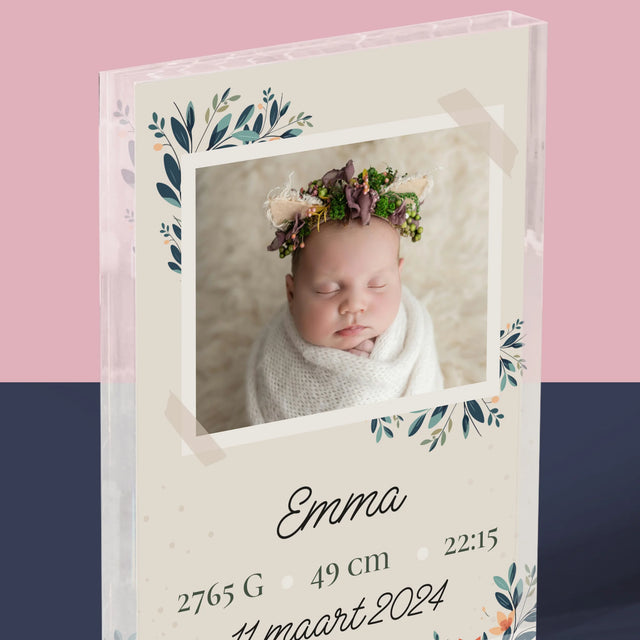 Geboorteakte Van Kind: Metriek Bloemen - Acryl Blok