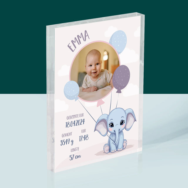 Geboorteakte Van Kind: Metriek Olifantje - Acryl Blok