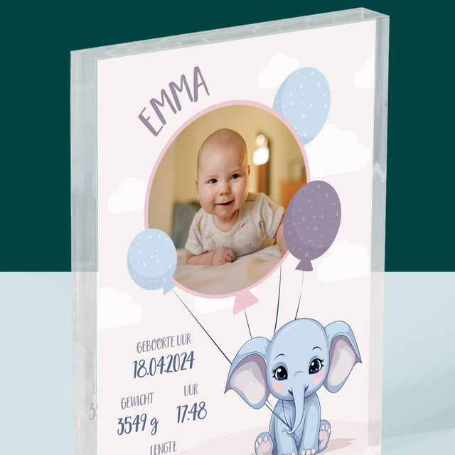 Geboorteakte Van Kind: Metriek Olifantje - Acryl Blok