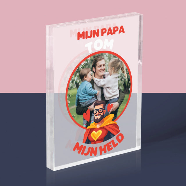 Foto En Handtekening: Papa, Mijn Held - Acryl Blok