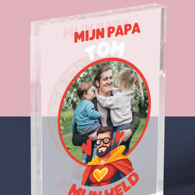 Foto En Handtekening: Papa, Mijn Held - Acryl Blok