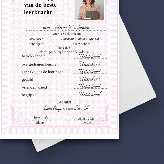 Foto En Handtekening: Schoolrapport Van De Beste Leerkracht - Wenskaart