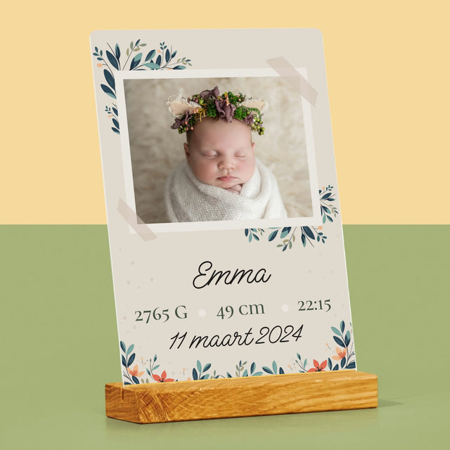 Geboorteakte Van Kind: Metriek Bloemen - Afdruk Op Acrylglas (Verticaal)