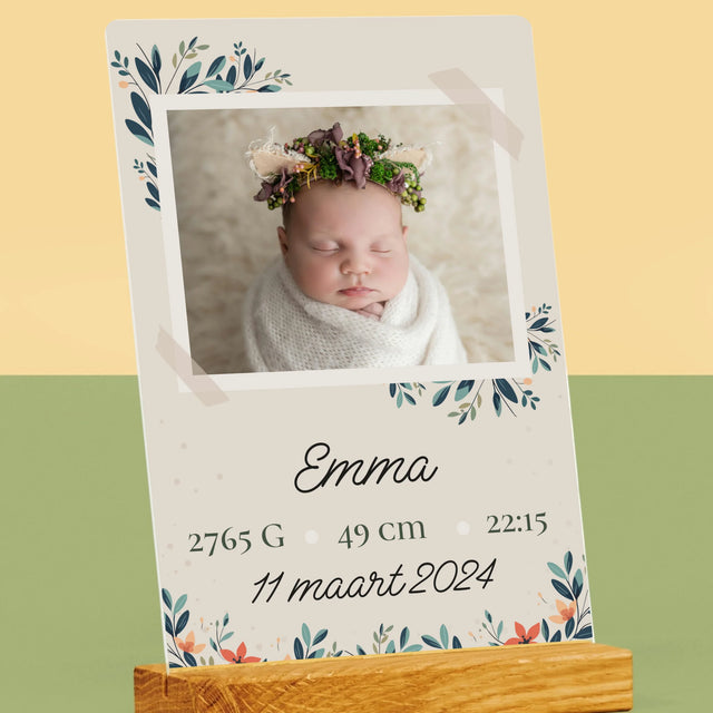 Geboorteakte Van Kind: Metriek Bloemen - Afdruk Op Acrylglas (Verticaal)