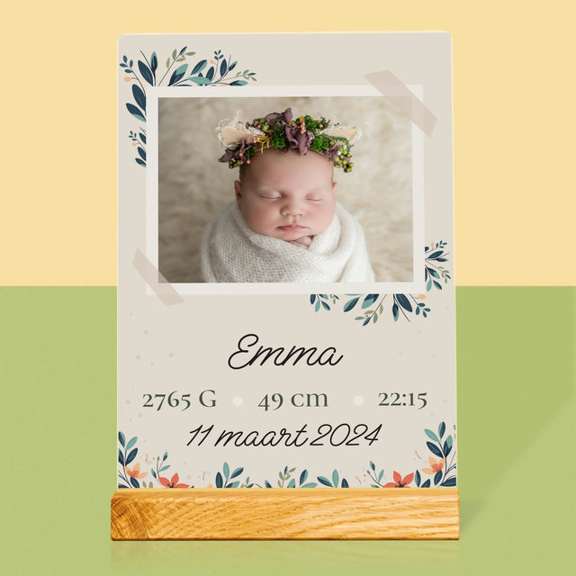 Geboorteakte Van Kind: Metriek Bloemen - Afdruk Op Acrylglas (Verticaal)