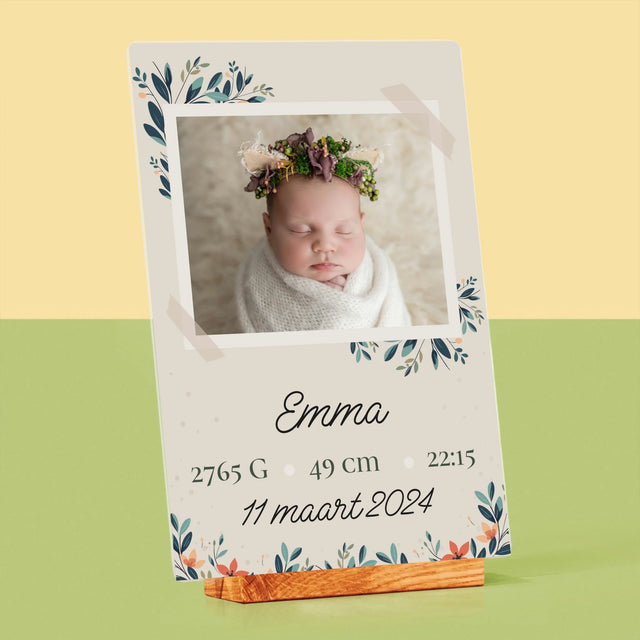 Geboorteakte Van Kind: Metriek Bloemen - Afdruk Op Acrylglas (Verticaal)