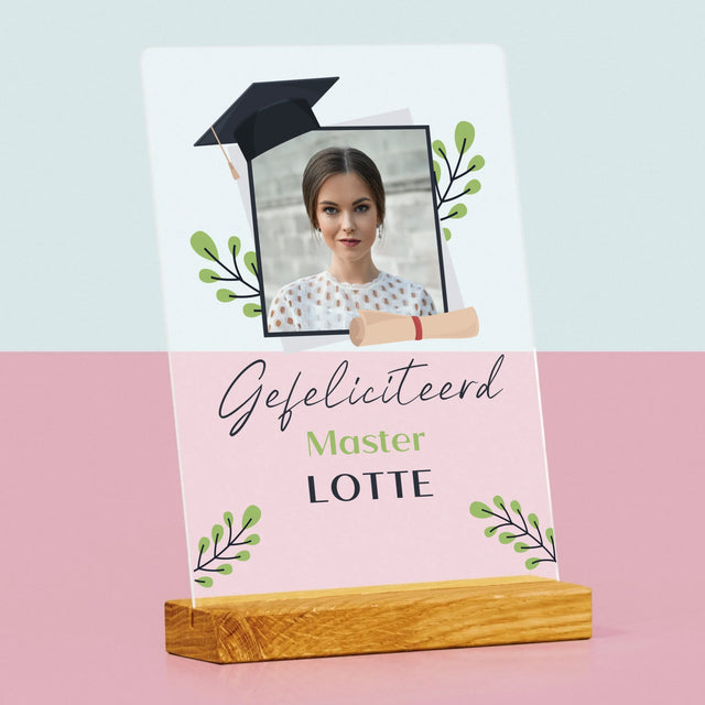 Foto En Handtekening: Gefeliciteerd, Master - Afdruk Op Acrylglas (Verticaal)