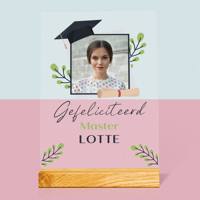 Foto En Handtekening: Gefeliciteerd, Master - Afdruk Op Acrylglas (Verticaal)