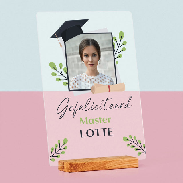 Foto En Handtekening: Gefeliciteerd, Master - Afdruk Op Acrylglas (Verticaal)