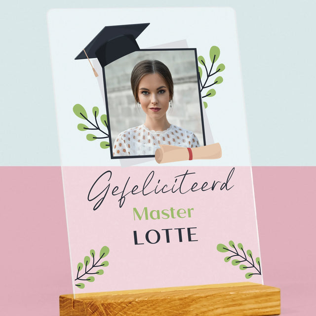 Foto En Handtekening: Gefeliciteerd, Master - Afdruk Op Acrylglas (Verticaal)