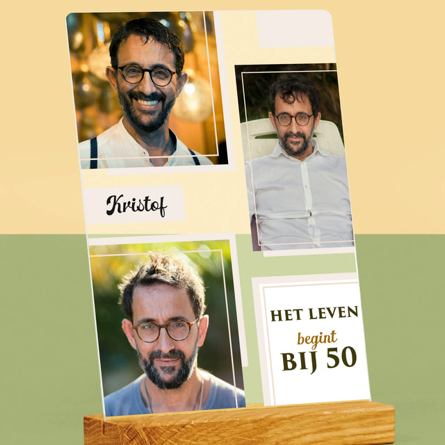 Fotocollage: Het Leven Begint Bij 50 - Afdruk Op Acrylglas (Verticaal)