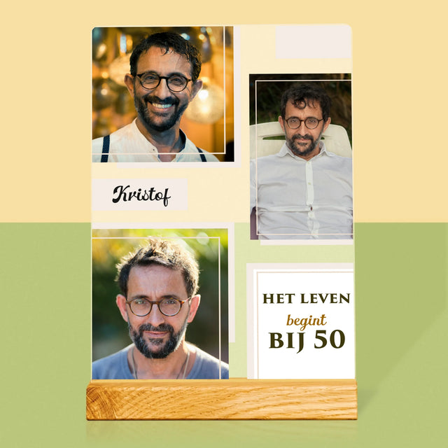 Fotocollage: Het Leven Begint Bij 50 - Afdruk Op Acrylglas (Verticaal)