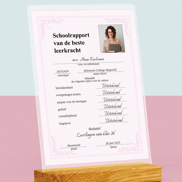 Foto En Handtekening: Schoolrapport Van De Beste Leerkracht - Afdruk Op Acrylglas (Verticaal)