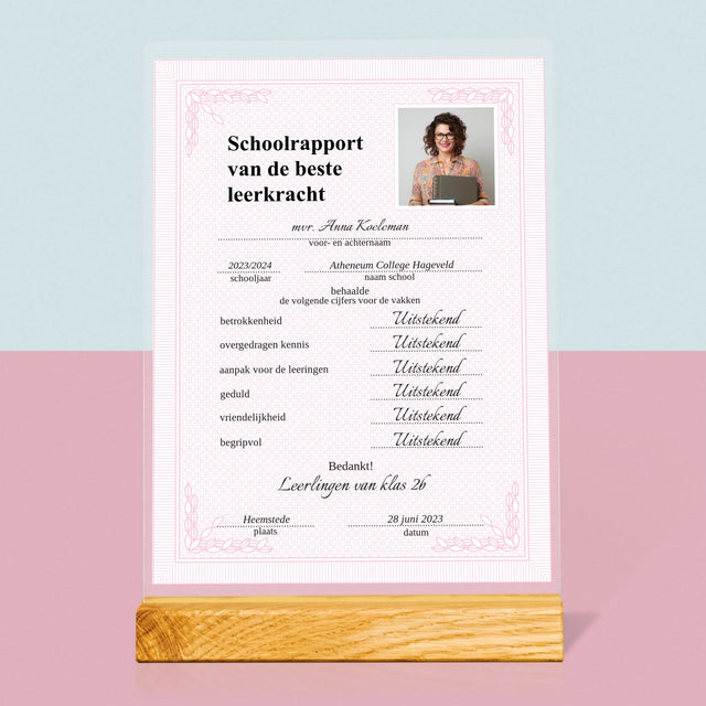 Foto En Handtekening: Schoolrapport Van De Beste Leerkracht - Afdruk Op Acrylglas (Verticaal)