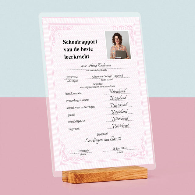 Foto En Handtekening: Schoolrapport Van De Beste Leerkracht - Afdruk Op Acrylglas (Verticaal)