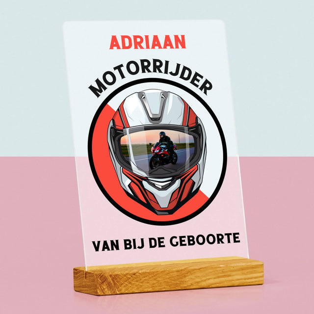 Foto En Handtekening: Motorrijder Van Bij De Geboorte - Afdruk Op Acrylglas (Verticaal)