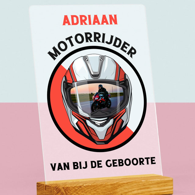 Foto En Handtekening: Motorrijder Van Bij De Geboorte - Afdruk Op Acrylglas (Verticaal)