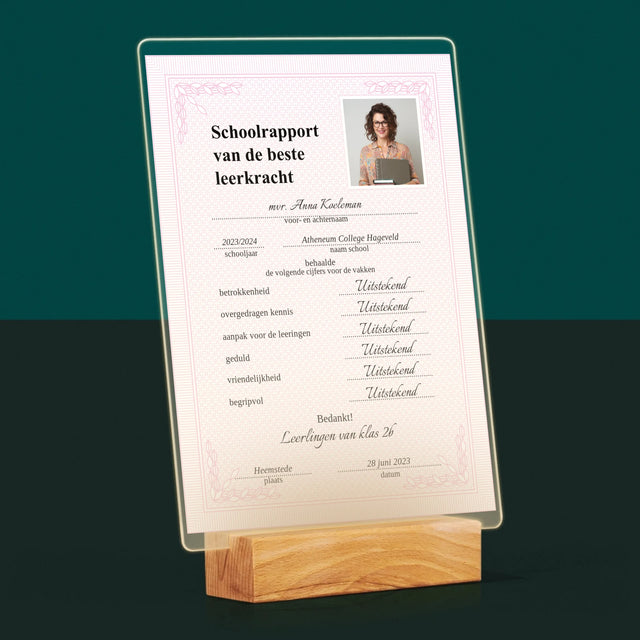 Foto En Handtekening: Schoolrapport Van De Beste Leerkracht - Afdruk Op Acrylglas (Verticaal)