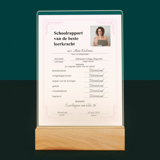 Foto En Handtekening: Schoolrapport Van De Beste Leerkracht - Afdruk Op Acrylglas (Verticaal)