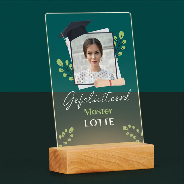 Foto En Handtekening: Gefeliciteerd, Master - Afdruk Op Acrylglas (Verticaal)