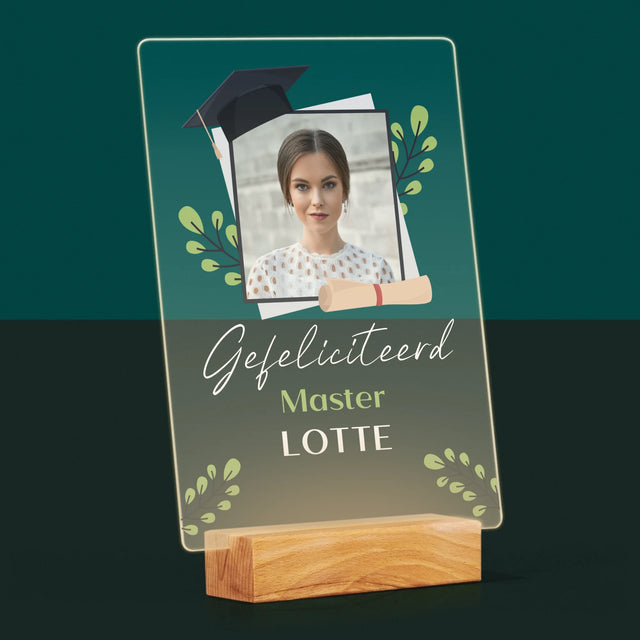 Foto En Handtekening: Gefeliciteerd, Master - Afdruk Op Acrylglas (Verticaal)