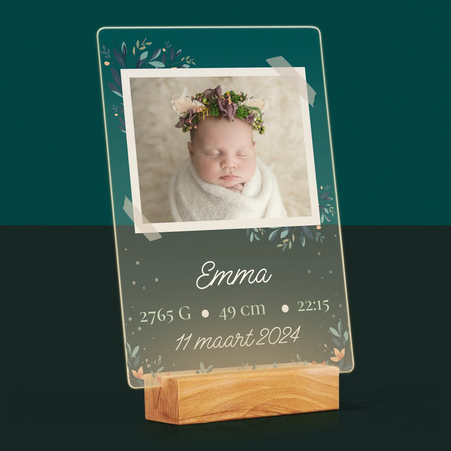 Geboorteakte Van Kind: Metriek Bloemen - Afdruk Op Acrylglas (Verticaal)