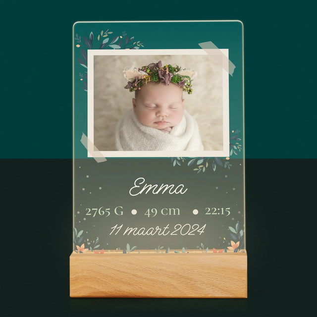 Geboorteakte Van Kind: Metriek Bloemen - Afdruk Op Acrylglas (Verticaal)