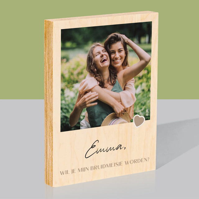 Foto En Handtekening: Wordt Mijn Bruidsmeisje - Afdruk Op Hout (Verticaal)