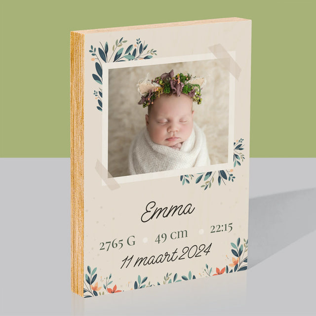 Geboorteakte Van Kind: Metriek Bloemen - Afdruk Op Hout (Verticaal)