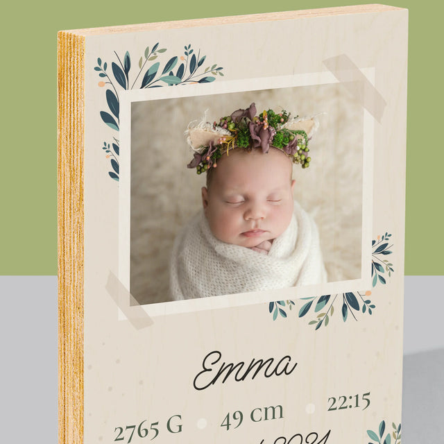 Geboorteakte Van Kind: Metriek Bloemen - Afdruk Op Hout (Verticaal)