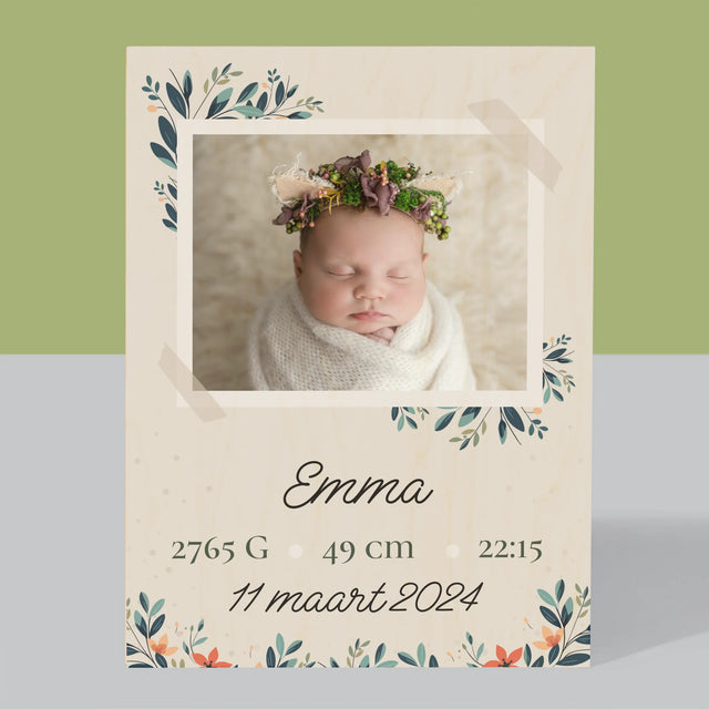 Geboorteakte Van Kind: Metriek Bloemen - Afdruk Op Hout (Verticaal)