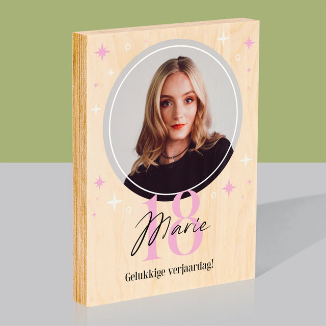 Foto En Handtekening: 18 Sterren - Afdruk Op Hout (Verticaal)