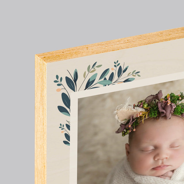 Geboorteakte Van Kind: Metriek Bloemen - Afdruk Op Hout (Verticaal)