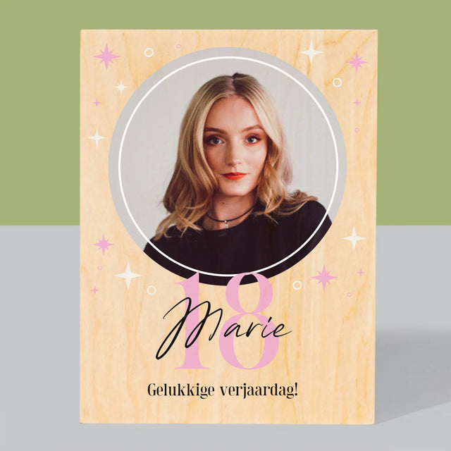 Foto En Handtekening: 18 Sterren - Afdruk Op Hout (Verticaal)