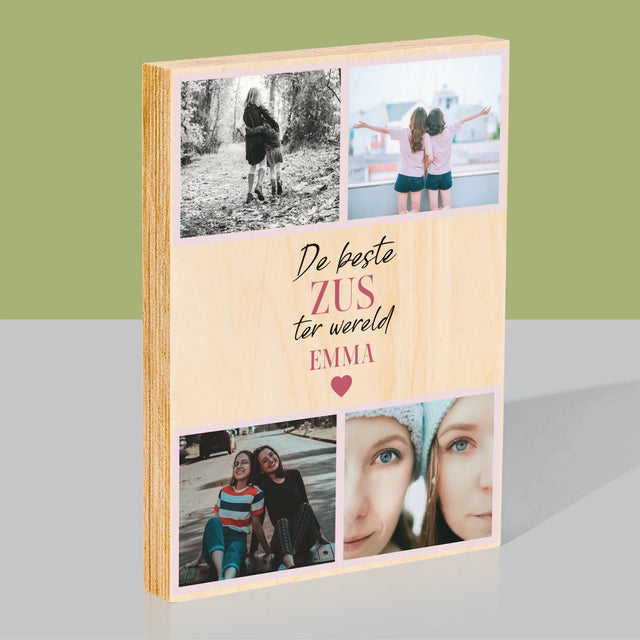 Fotocollage: De Beste Zus - Afdruk Op Hout (Verticaal)