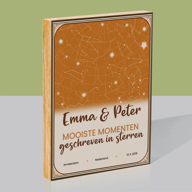 Starrenkaart: Sterrenkaart, Mooiste Momenten - Afdruk Op Hout (Verticaal)