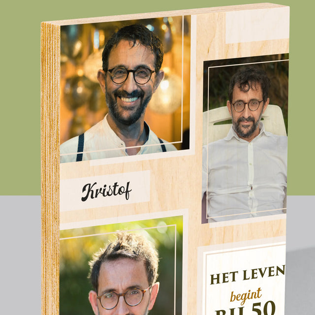 Fotocollage: Het Leven Begint Bij 50 - Afdruk Op Hout (Verticaal)