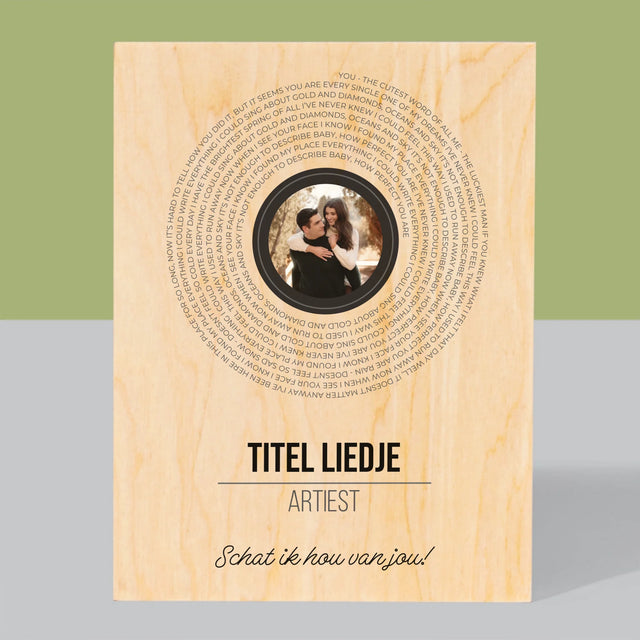 Foto En Handtekening: Songtekst Op Vinyl Lp - Afdruk Op Hout (Verticaal)
