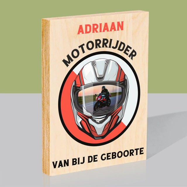 Foto En Handtekening: Motorrijder Van Bij De Geboorte - Afdruk Op Hout (Verticaal)