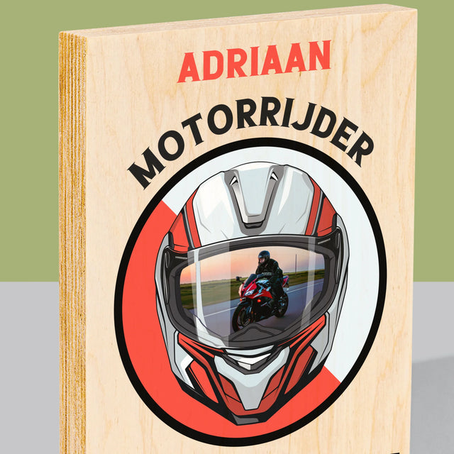Foto En Handtekening: Motorrijder Van Bij De Geboorte - Afdruk Op Hout (Verticaal)