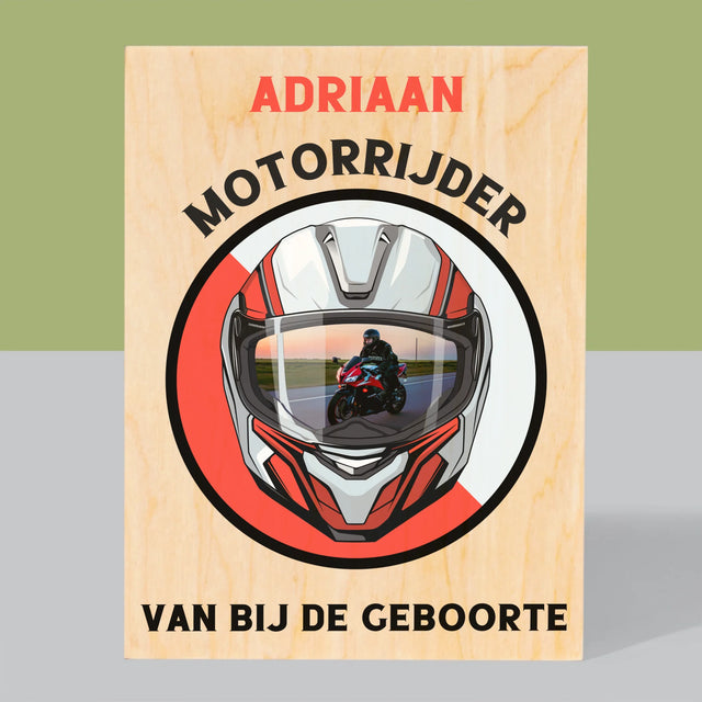 Foto En Handtekening: Motorrijder Van Bij De Geboorte - Afdruk Op Hout (Verticaal)
