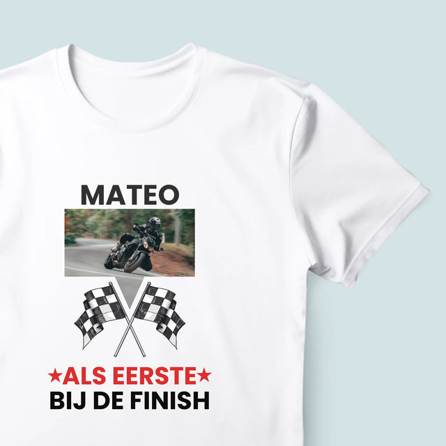 Foto En Handtekening: Als Eerste Bij De Finish - T-Shirt Voor Heren