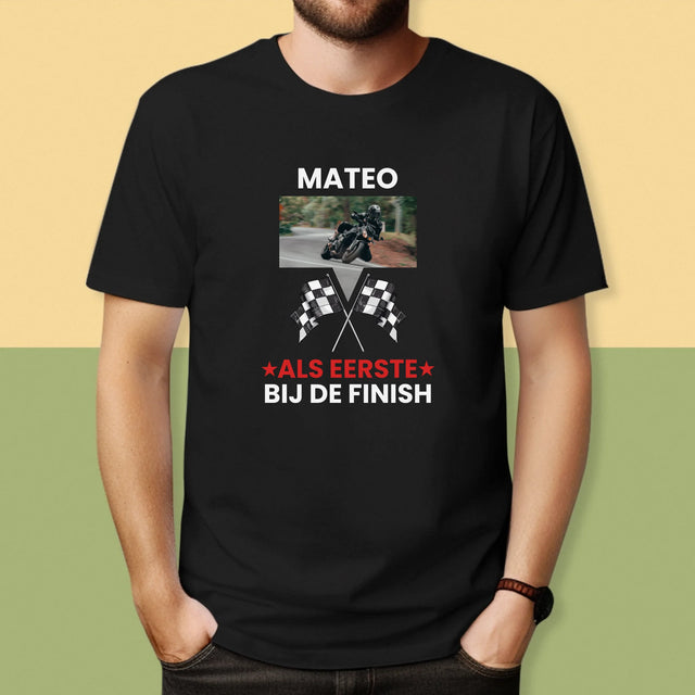 Foto En Handtekening: Als Eerste Bij De Finish - T-Shirt Voor Heren