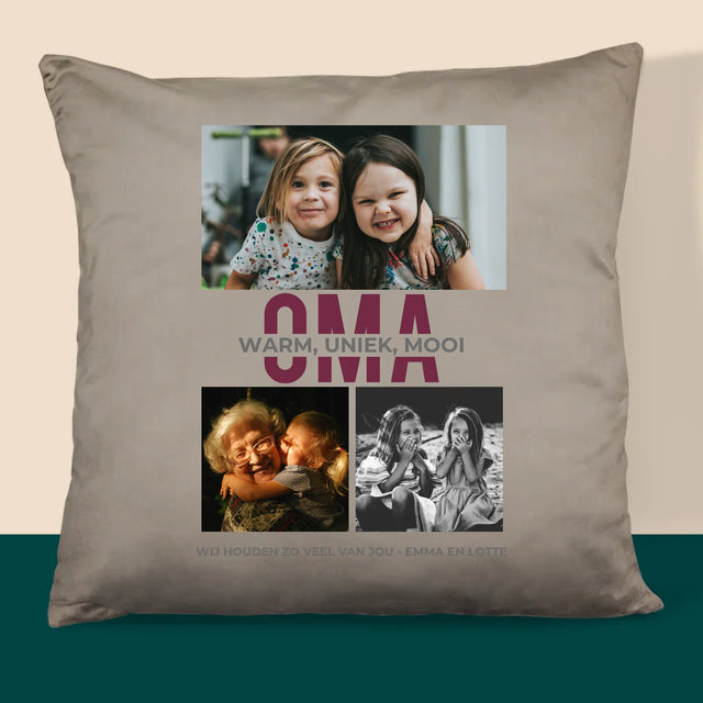 Fotocollage: Kenmerken Oma - Kussen (Monogram)