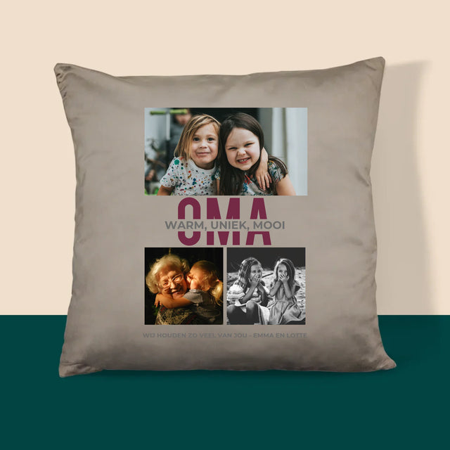 Fotocollage: Kenmerken Oma - Kussen (Monogram)