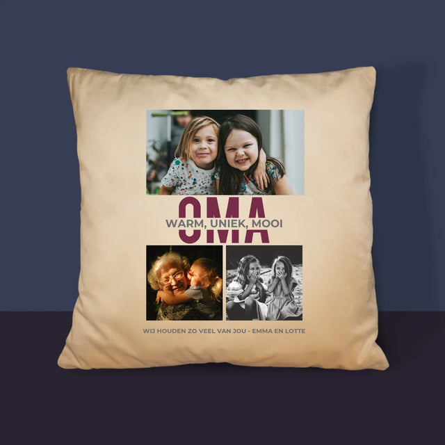 Fotocollage: Kenmerken Oma - Kussen (Monogram)