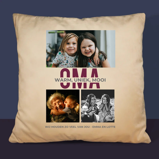 Fotocollage: Kenmerken Oma - Kussen (Monogram)
