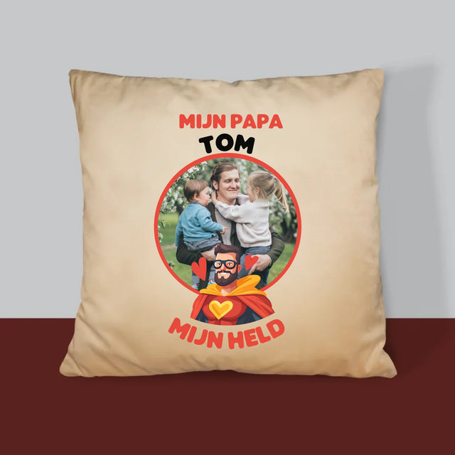 Foto En Handtekening: Papa, Mijn Held - Kussen (Monogram)