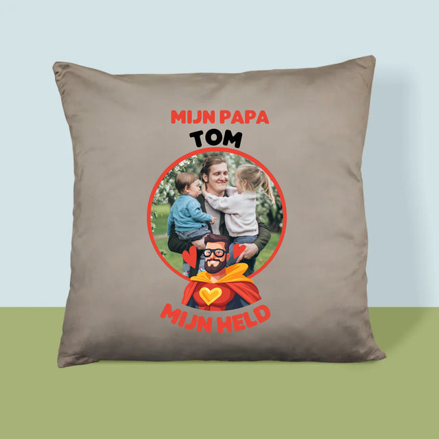Foto En Handtekening: Papa, Mijn Held - Kussen (Monogram)