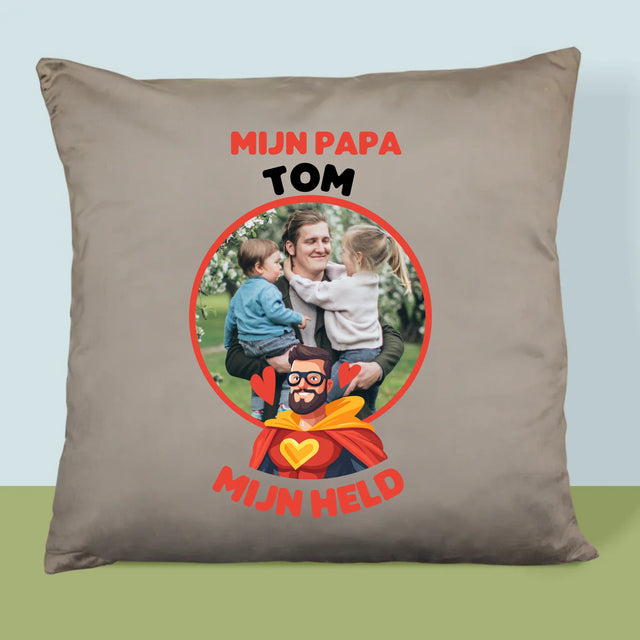 Foto En Handtekening: Papa, Mijn Held - Kussen (Monogram)